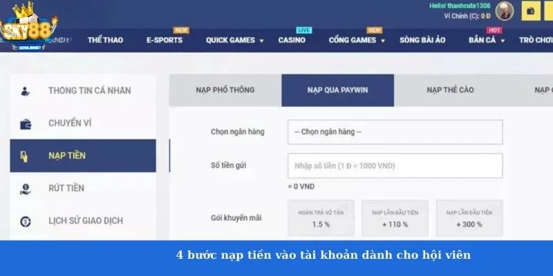 4 bước nạp tiền vào tài khoản dành cho hội viên 