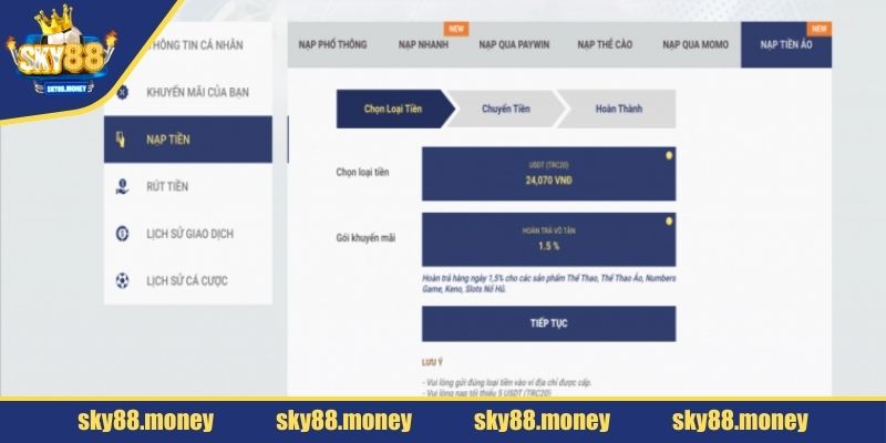 Hệ thống nạp tiền SKY88 uy tín chất lượng